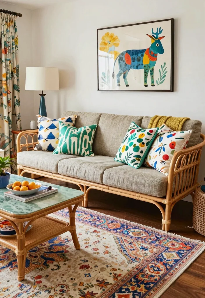 17 Rattan Sofa Living Room Ideas: Breezy Natural Texture - 10. Rattan Sofa with Playful Patterns 1