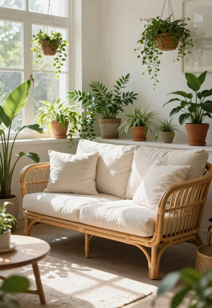 17 Rattan Sofa Living Room Ideas: Breezy Natural Texture - 12. Rattan Sofa in a Sunroom 1