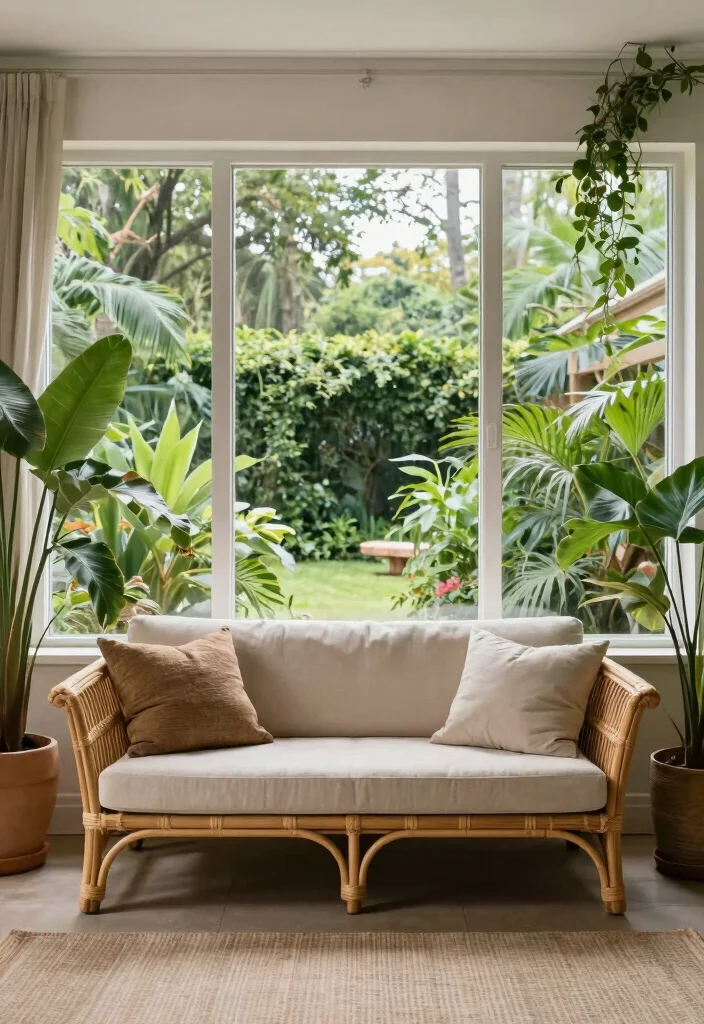 17 Rattan Sofa Living Room Ideas: Breezy Natural Texture - 13. Rattan Sofa Surrounded by Nature 1
