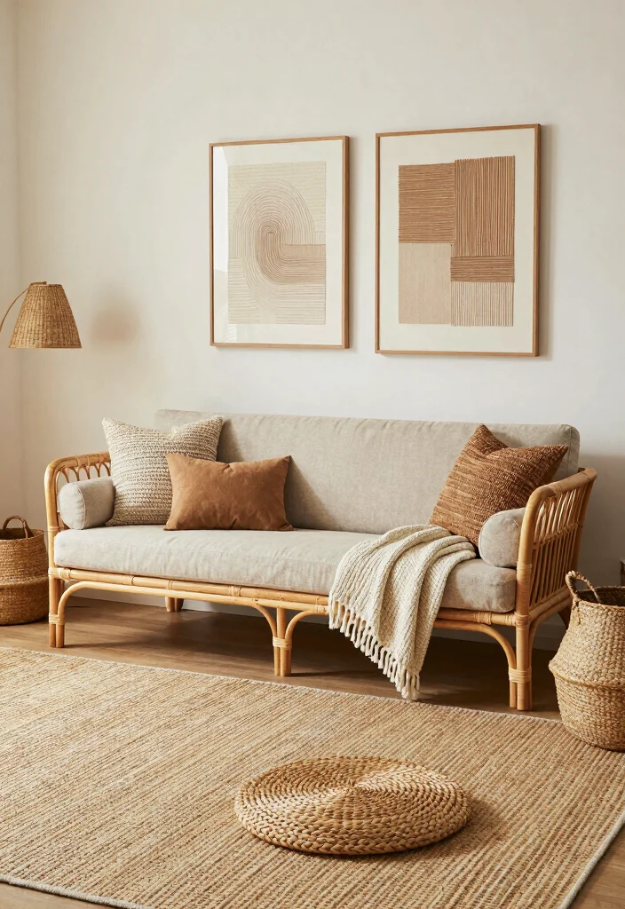 17 Rattan Sofa Living Room Ideas: Breezy Natural Texture - 14. Textured Accents with Rattan 1