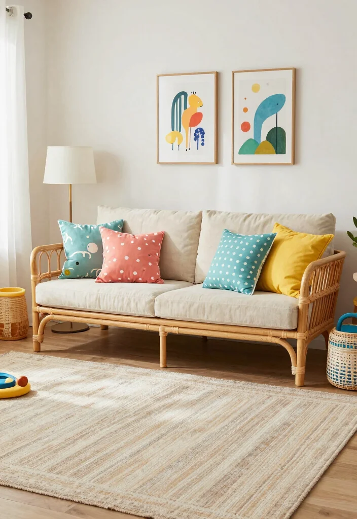 17 Rattan Sofa Living Room Ideas: Breezy Natural Texture - 15. Family-Friendly Rattan Living Room 1