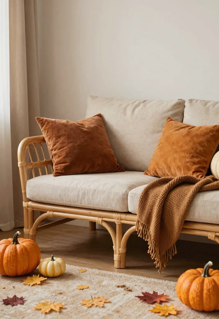 17 Rattan Sofa Living Room Ideas: Breezy Natural Texture - 16. Seasonal Decor with Rattan 1