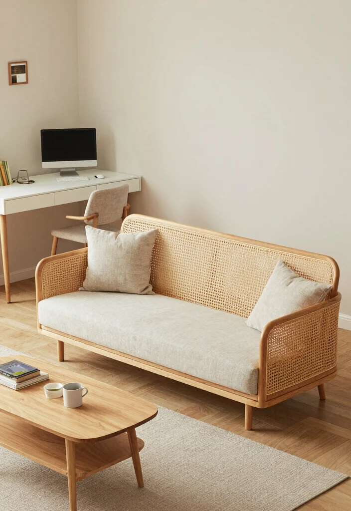 17 Rattan Sofa Living Room Ideas: Breezy Natural Texture - 17. Rattan Sofa in a Multi-Functional Space 1