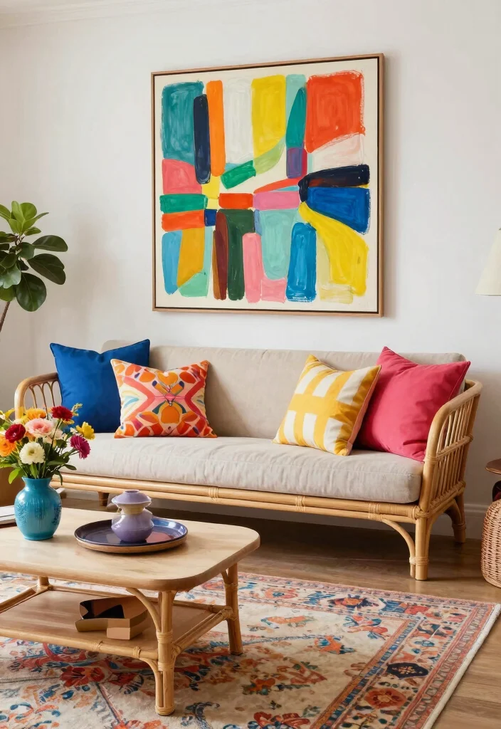 17 Rattan Sofa Living Room Ideas: Breezy Natural Texture - 2. Rattan Sofa with Bold Accents 1