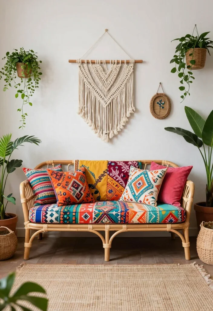 17 Rattan Sofa Living Room Ideas: Breezy Natural Texture - 4. Bohemian Rattan Wonderland 1
