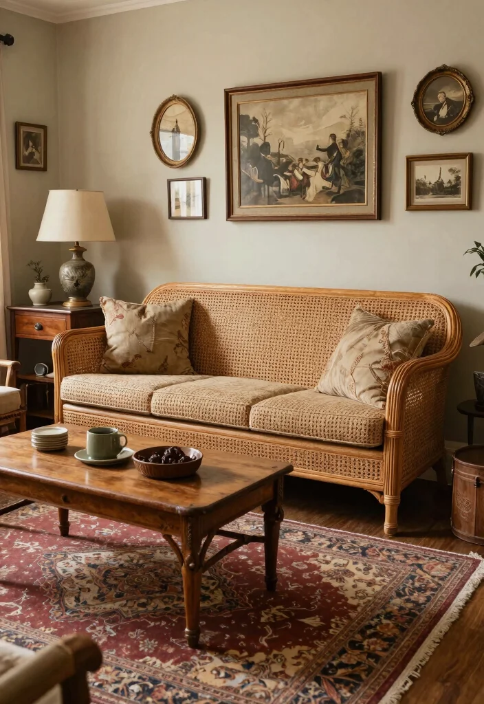 17 Rattan Sofa Living Room Ideas: Breezy Natural Texture - 6. Vintage Vibes with Rattan 1