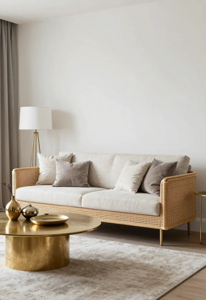 17 Rattan Sofa Living Room Ideas: Breezy Natural Texture - 9. Chic Rattan and Metallics 1