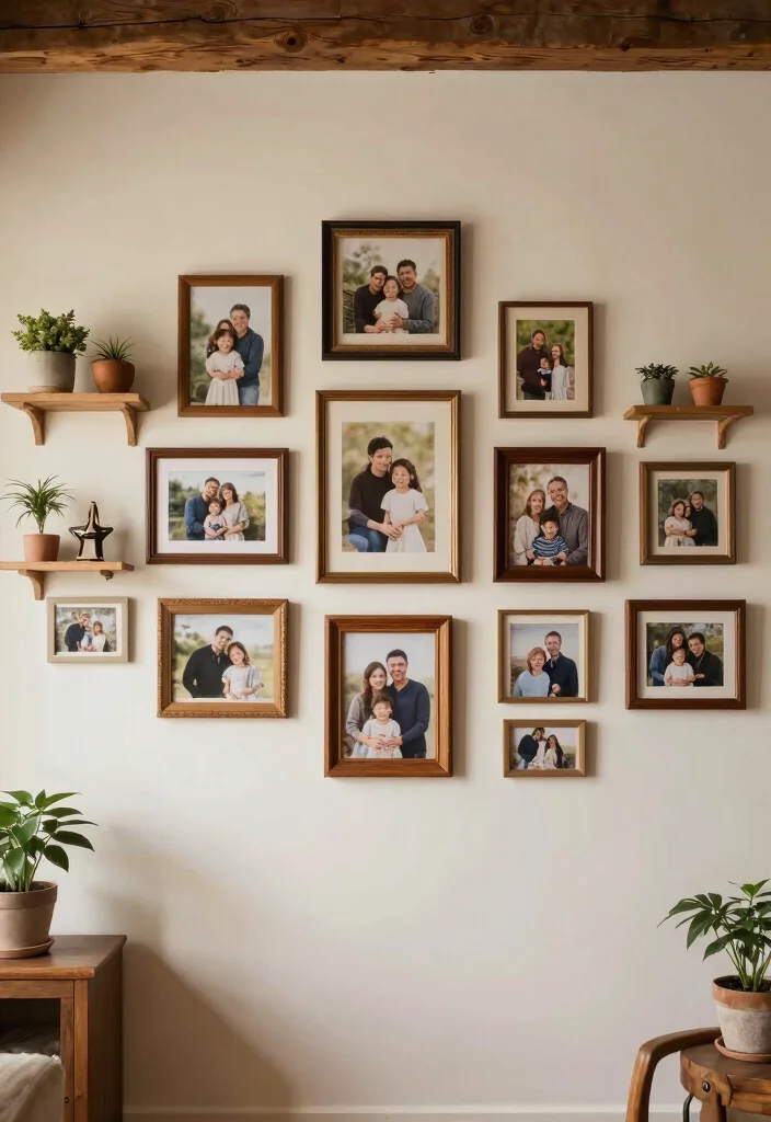 17 Rustic Decor Living Room Ideas for Cozy Natural Texture - 11. Create a Gallery Wall 1