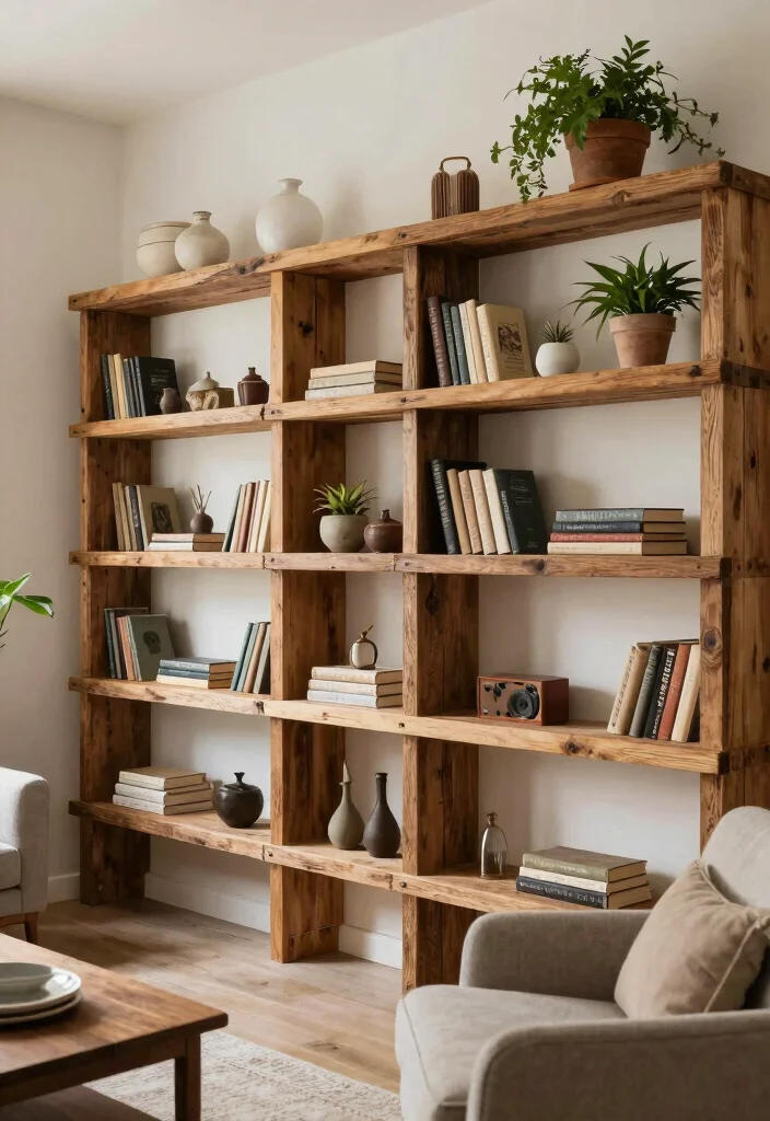 17 Rustic Decor Living Room Ideas for Cozy Natural Texture - 13. Use Open Shelving for Display 1