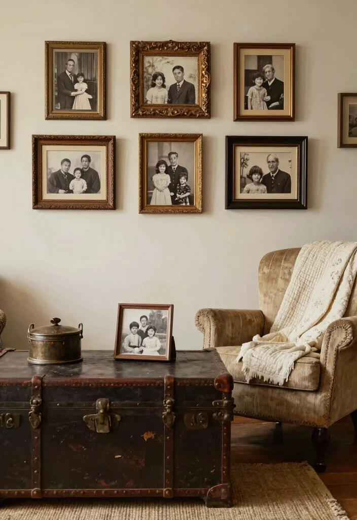17 Rustic Decor Living Room Ideas for Cozy Natural Texture - 15. Personal Touches with Family Heirlooms 1
