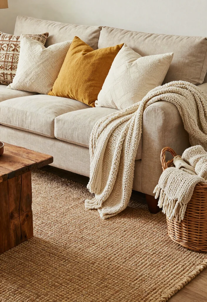 17 Rustic Decor Living Room Ideas for Cozy Natural Texture - 2. Layer Textures with Cozy Fabrics 1