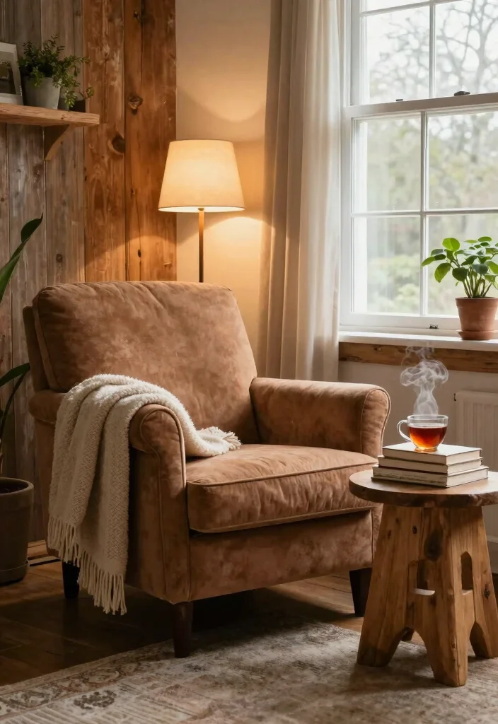 17 Rustic Decor Living Room Ideas for Cozy Natural Texture - 9. Cozy Reading Nook 1