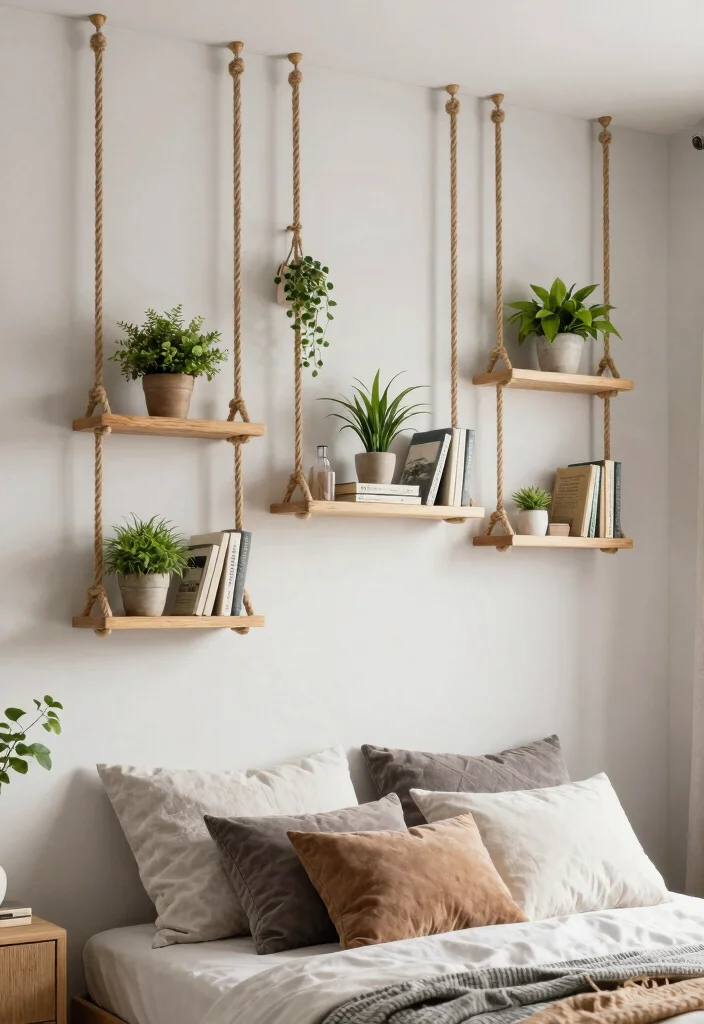 17 Shelving Ideas for Bedroom Organized Stylish Display - 11. Hanging Shelves for an Airy Feel 1