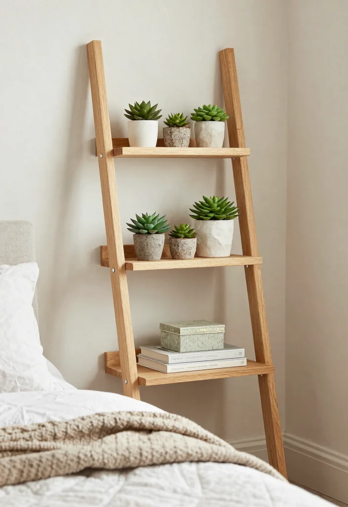 17 Shelving Ideas for Bedroom Organized Stylish Display - 3. Ladder Shelves for a Chic Statement 1