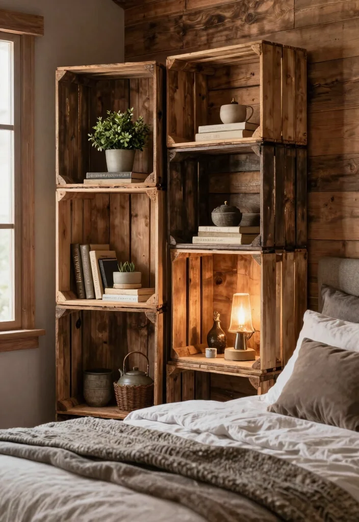 17 Shelving Ideas for Bedroom Organized Stylish Display - 4. Repurposed Wooden Crates for Rustic Charm 1