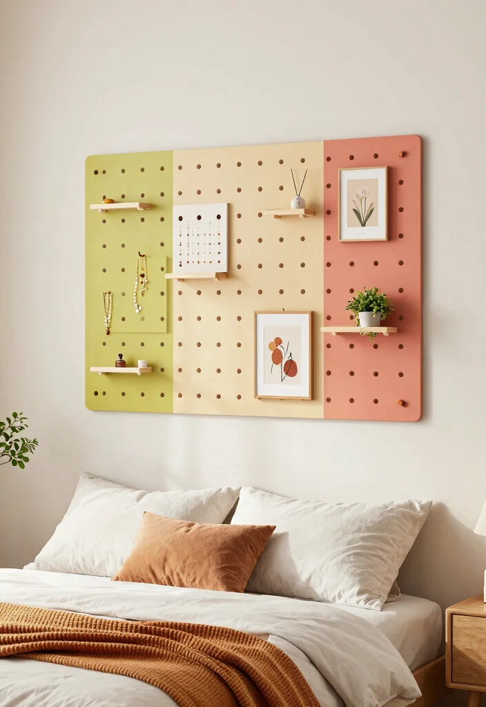 17 Shelving Ideas for Bedroom Organized Stylish Display - 8. Pegboards for an Artistic Display 1