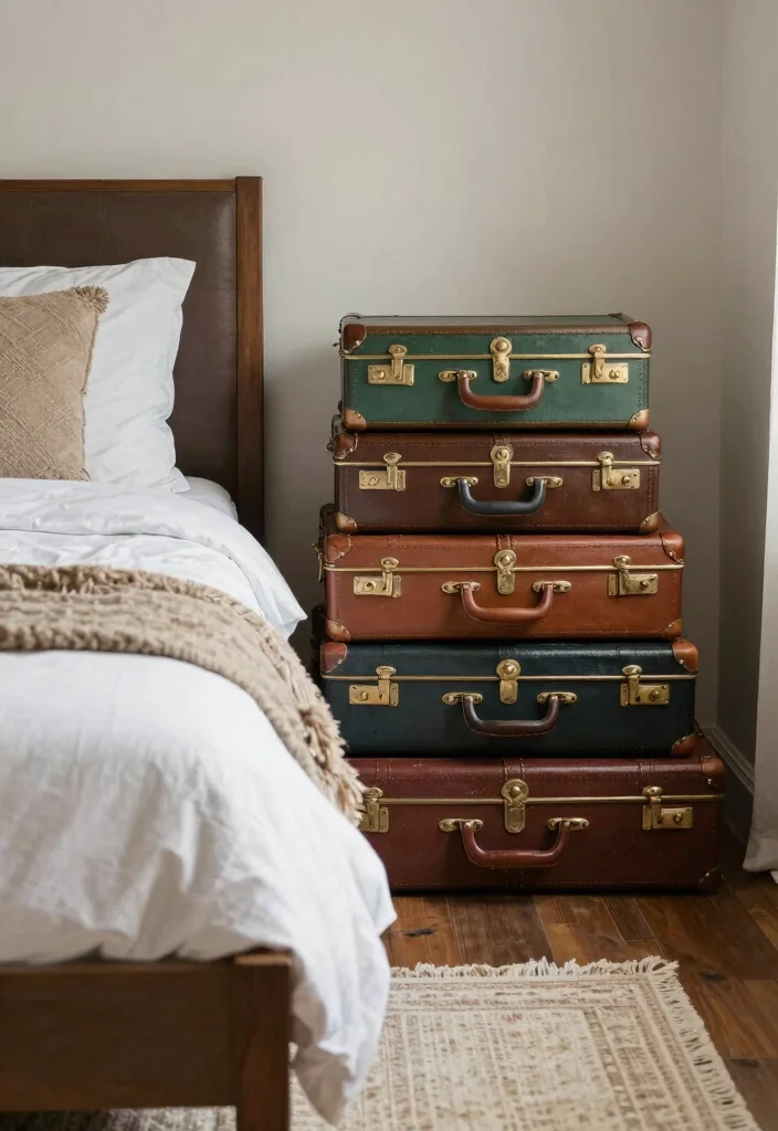 17 Shelving Ideas for Bedroom Organized Stylish Display - 9. Vintage Suitcases for Chic Storage 1