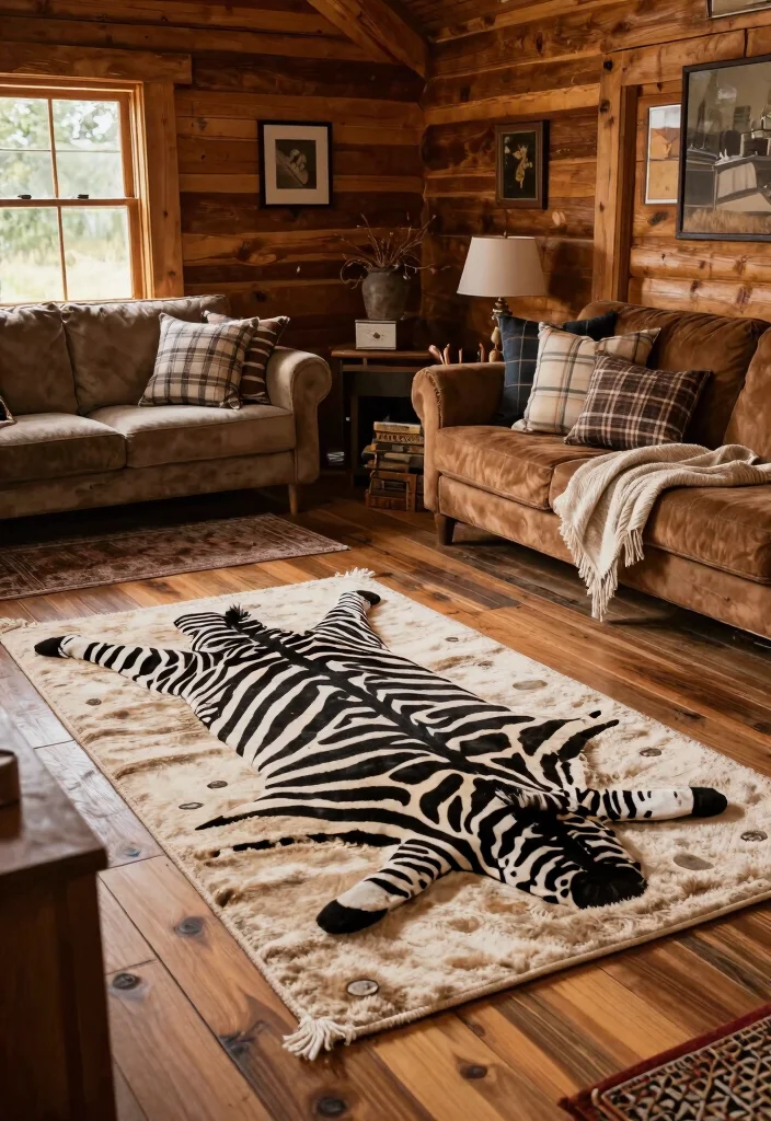 17 Zebra Rug Living Room Ideas Bold Statement Style - 10. Cozy Cabin Retreat 1