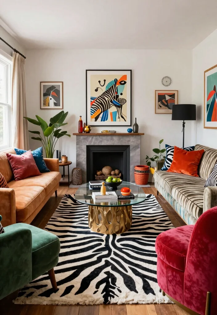 17 Zebra Rug Living Room Ideas Bold Statement Style - 12. Colorful Eclectic Mix 1
