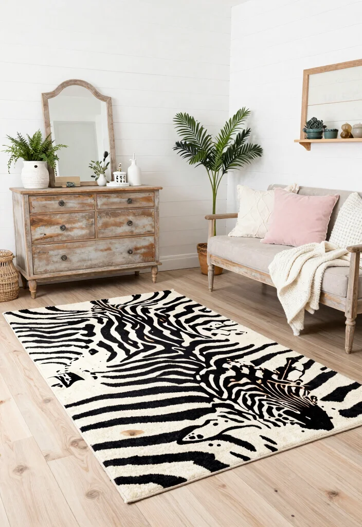 17 Zebra Rug Living Room Ideas Bold Statement Style - 13. Farmhouse Chic 1