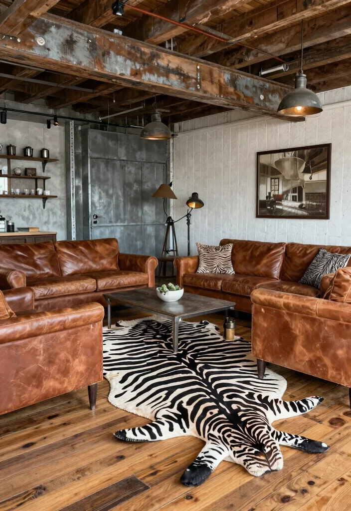 17 Zebra Rug Living Room Ideas Bold Statement Style - 14. Rustic Industrial Blend 1