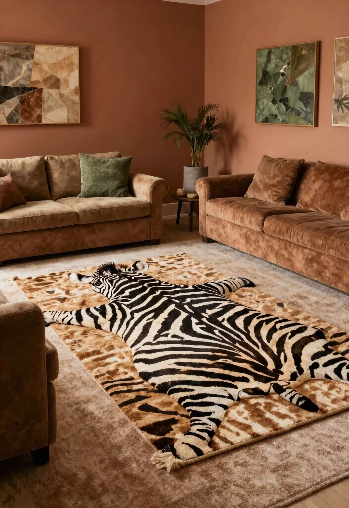 17 Zebra Rug Living Room Ideas Bold Statement Style - 15. Warm and Earthy Tones 1