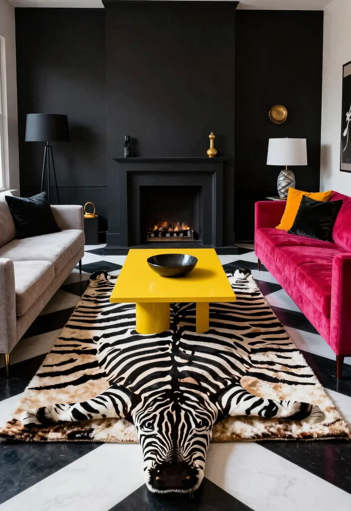 17 Zebra Rug Living Room Ideas Bold Statement Style - 16. High Contrast Chic 1