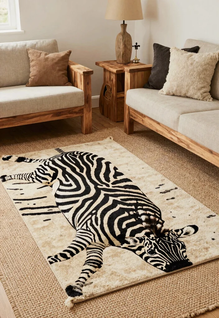 17 Zebra Rug Living Room Ideas Bold Statement Style - 17. Layering with Responsibly Sourced Decor 1