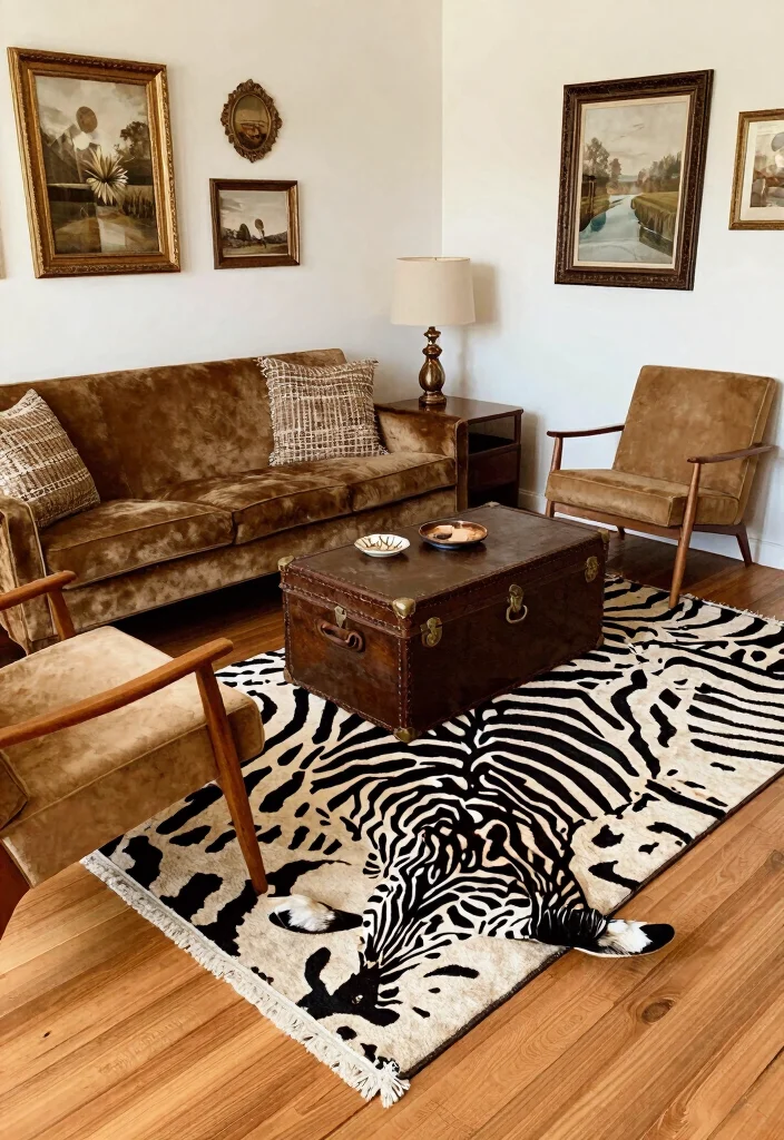 17 Zebra Rug Living Room Ideas Bold Statement Style - 5. Vintage Charm 1