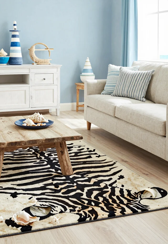 17 Zebra Rug Living Room Ideas Bold Statement Style - 6. Coastal Calm 1