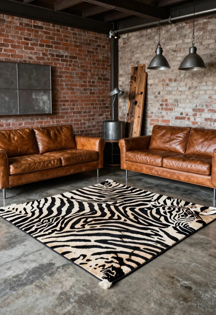 17 Zebra Rug Living Room Ideas Bold Statement Style - 7. Industrial Edge 1