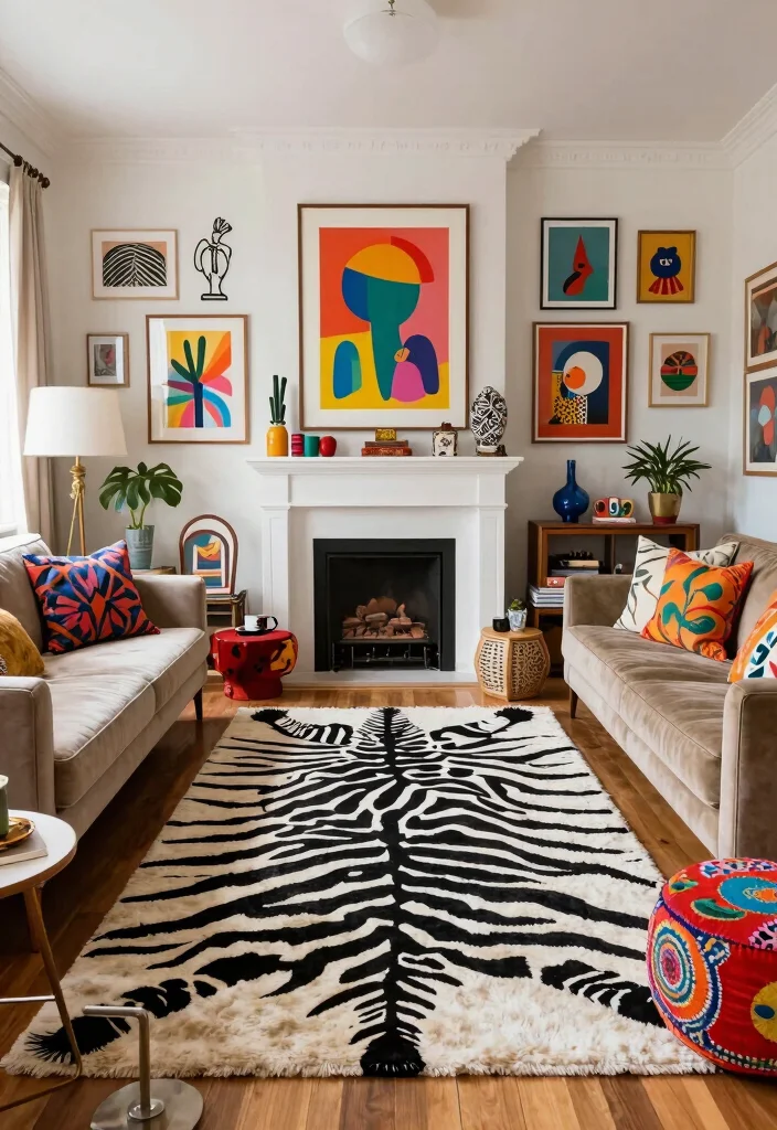 17 Zebra Rug Living Room Ideas Bold Statement Style - 8. Artistic Expression 1