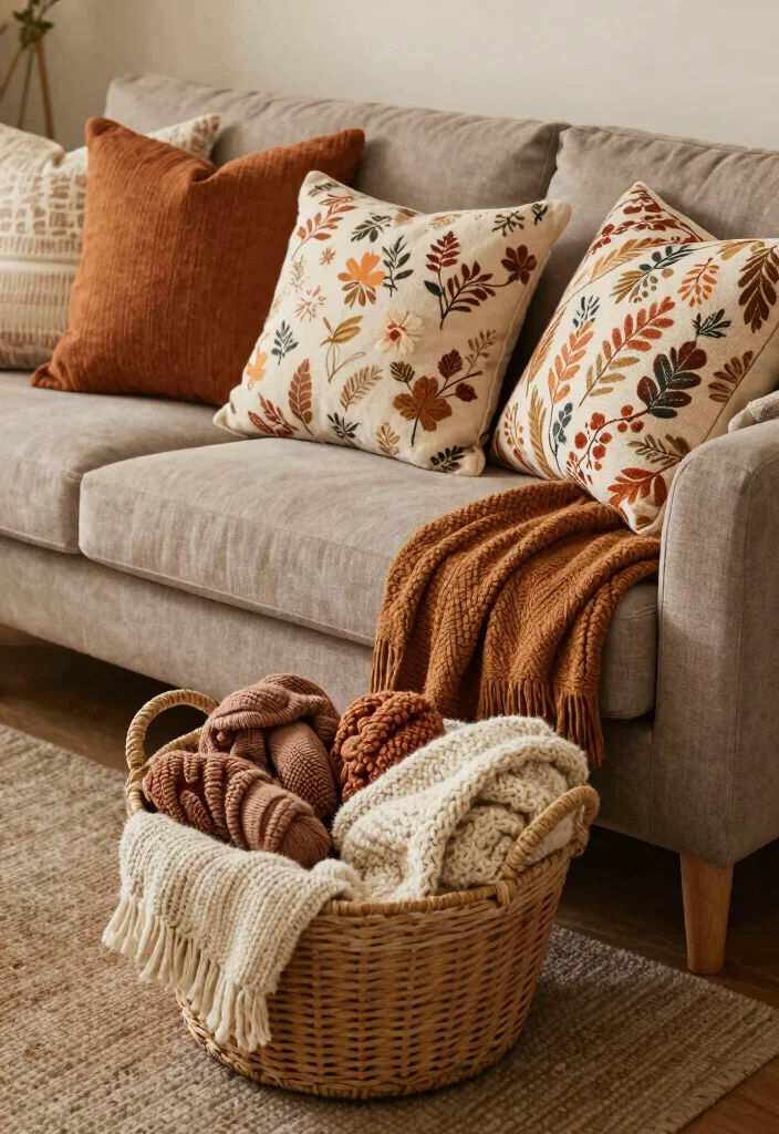 18 Cozy Fall Living Room Decor Ideas for Seasonal Updates - 13. Use Seasonal Pillows and Throws 1