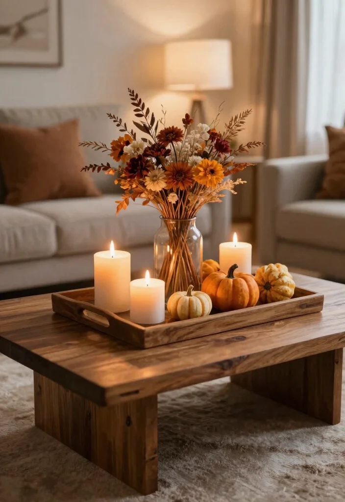 18 Cozy Fall Living Room Decor Ideas for Seasonal Updates - 15. Create a Fall-Themed Table Arrangement 1