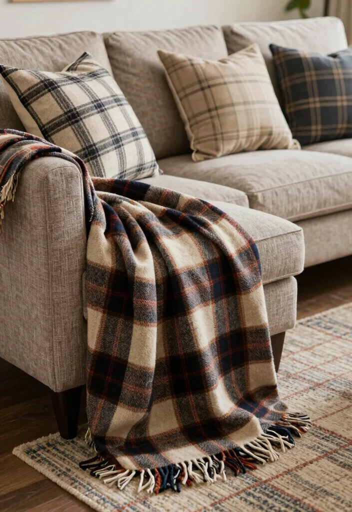 18 Cozy Fall Living Room Decor Ideas for Seasonal Updates - 7. Incorporate Plaid Patterns 1
