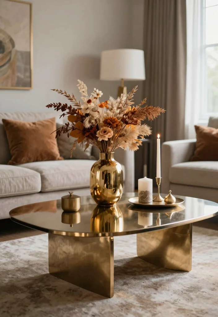18 Cozy Fall Living Room Decor Ideas for Seasonal Updates - 8. Add a Touch of Metallics 1