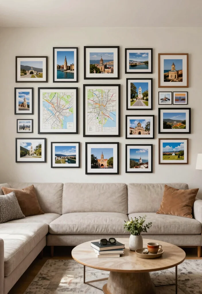 18 Modern Living Room Wall Decor Ideas for a Clean, Stylish Touch - 18. Personal Gallery of Travel Memories 1