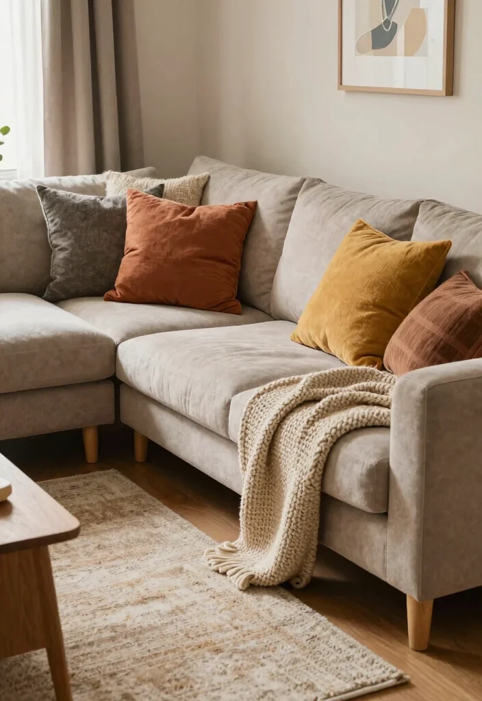 18 Sofas Ideas Living Room Modern L Shape Designs - 13. Layering with Throws and Cushions 1