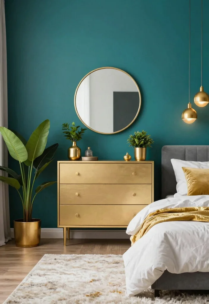 18 Teal Accent Wall Bedroom Ideas: Rich Vibrant Color - 1. Bold Teal with Golden Accents 1