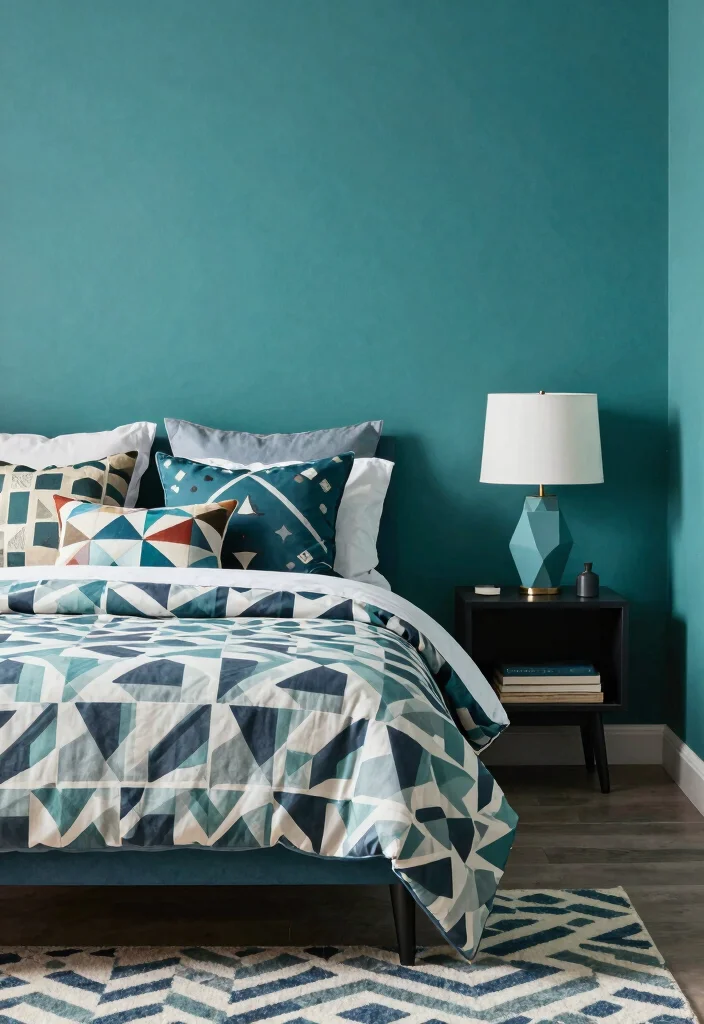 18 Teal Accent Wall Bedroom Ideas: Rich Vibrant Color - 10. Teal with Geometric Patterns 1