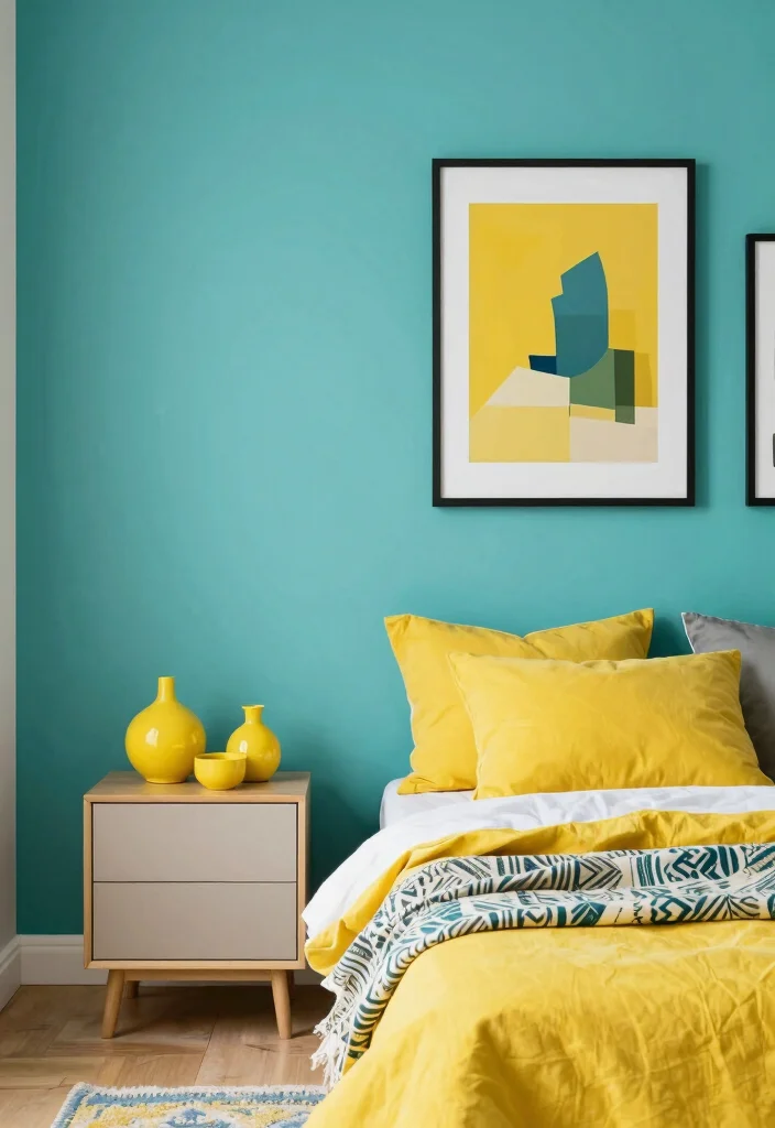18 Teal Accent Wall Bedroom Ideas: Rich Vibrant Color - 13. Teal and Yellow Joy 1