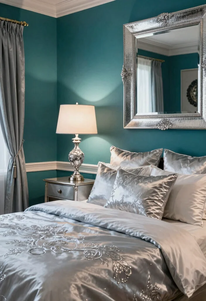 18 Teal Accent Wall Bedroom Ideas: Rich Vibrant Color - 17. Teal and Silver Glam 1