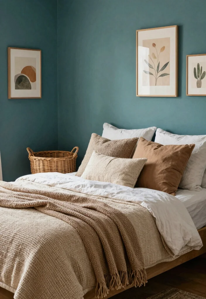 18 Teal Accent Wall Bedroom Ideas: Rich Vibrant Color - 18. Teal and Earthy Textiles 1
