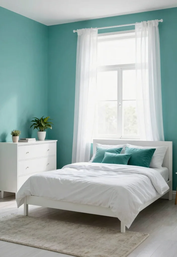 18 Teal Accent Wall Bedroom Ideas: Rich Vibrant Color - 2. Teal and White Serenity 1