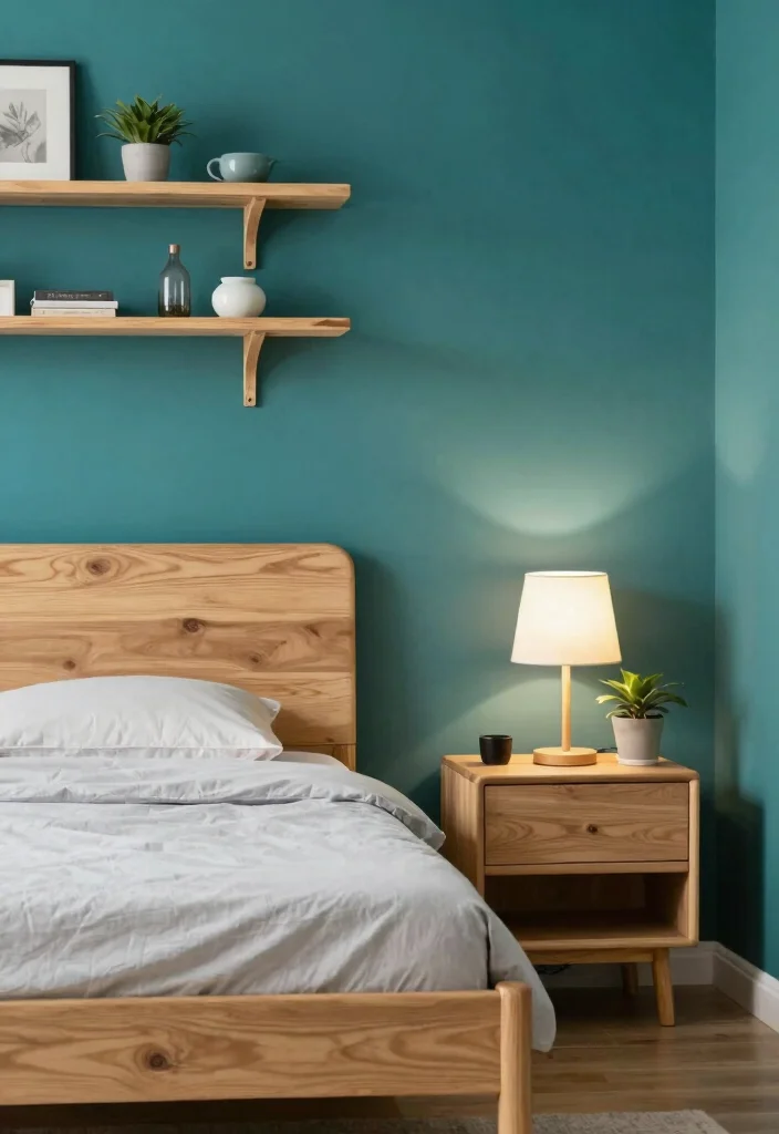 18 Teal Accent Wall Bedroom Ideas: Rich Vibrant Color - 3. Teal with Natural Wood 1