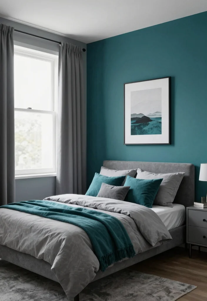 18 Teal Accent Wall Bedroom Ideas: Rich Vibrant Color - 4. Teal and Gray Elegance 1