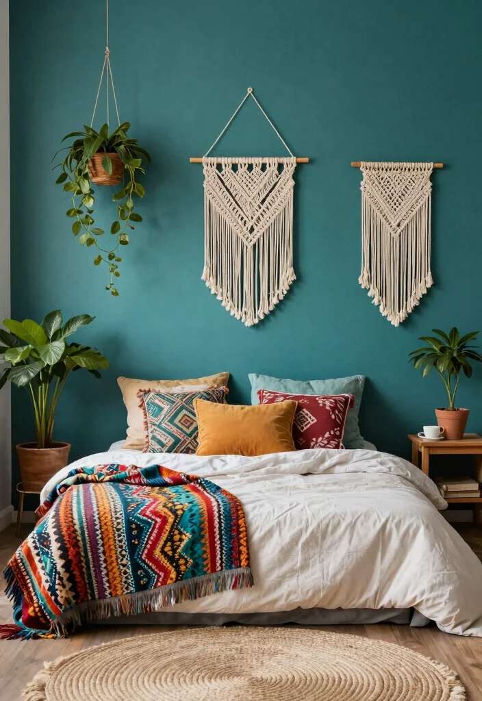 18 Teal Accent Wall Bedroom Ideas: Rich Vibrant Color - 5. Bohemian Teal Charm 1