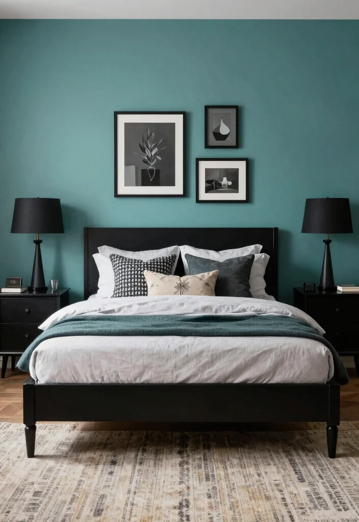 18 Teal Accent Wall Bedroom Ideas: Rich Vibrant Color - 7. Teal and Black Chic 1