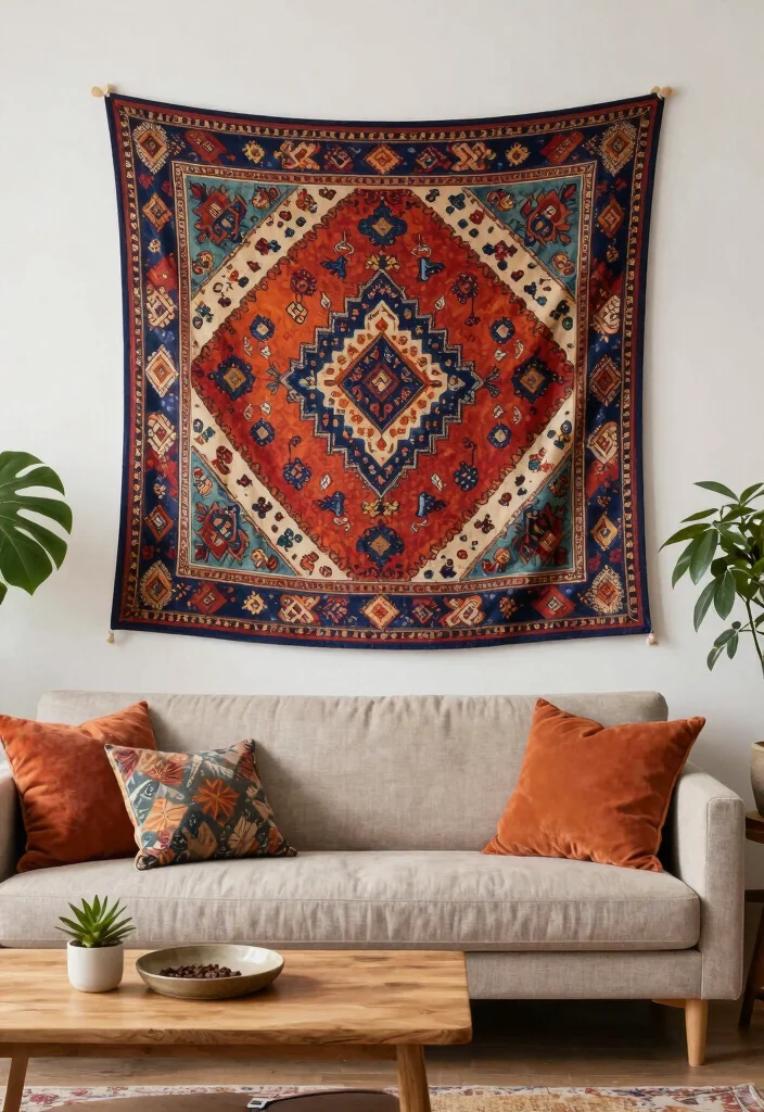 18 Wall Design in Living Room Ideas for Visual Impact and Style - 10. Fabric Wall Hangings 1