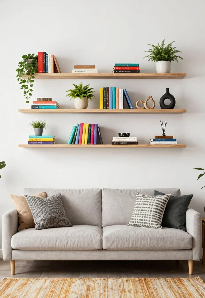 18 Wall Design in Living Room Ideas for Visual Impact and Style - 11. Floating Shelves Display 1